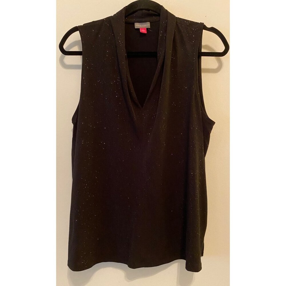 Vince Camuto Womens Sleeveless Black Glitter Top Large